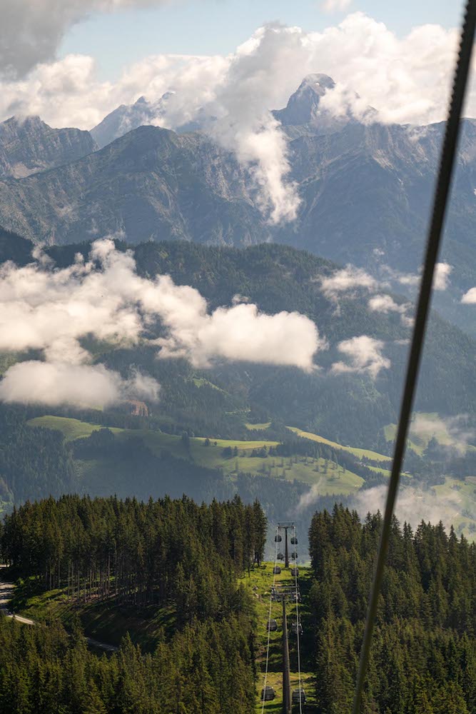 Riding the cable car up The Asitz Mountain 