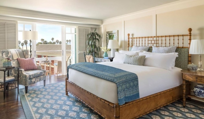 A spacious guest room with an elevated beachy design at Shutters on the Beach, a luxury hotel in LA