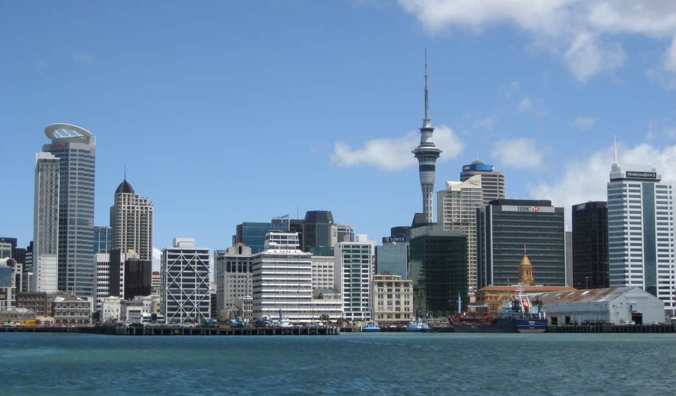 The Auckland city skyline as seen across the harbor in New Zealand