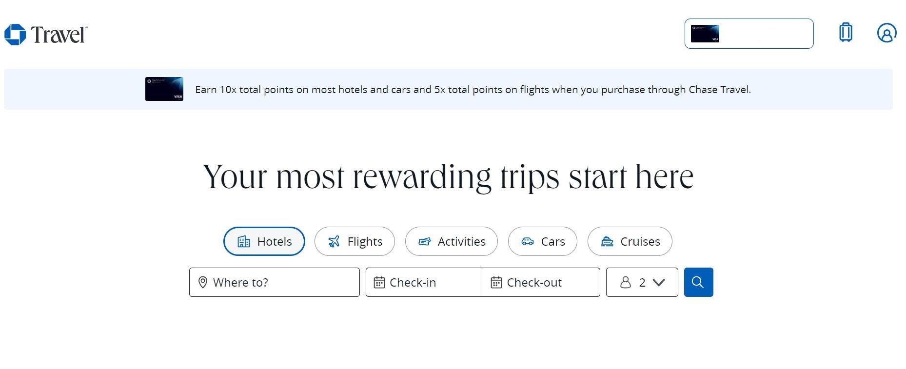 Screenshot from the Chase Travel SM homepage